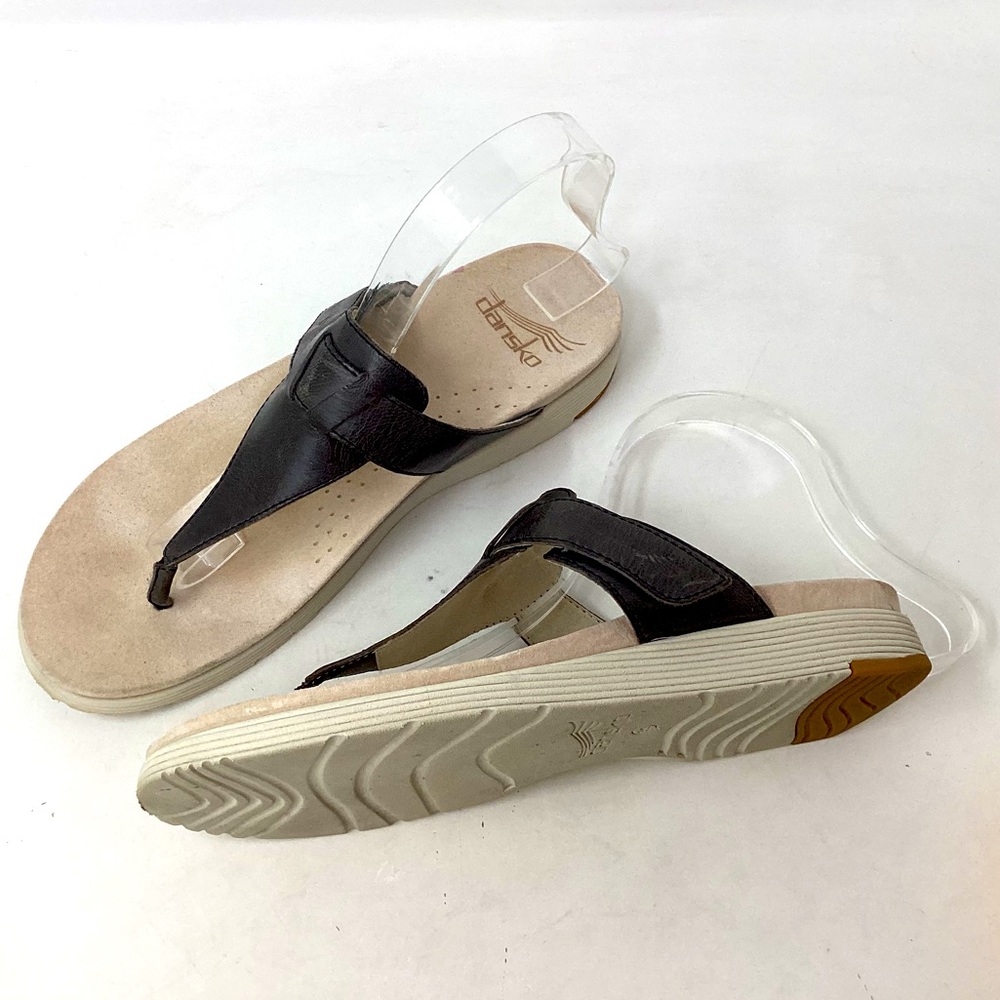 Dansko Black Leather Thong Sandals with Cream Footbed